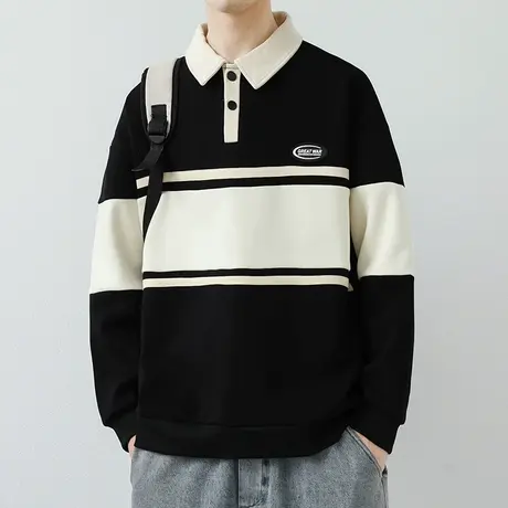 polo领卫衣潮牌男春秋款条纹撞色长袖t恤打底外套男ins潮流上衣服商品大图
