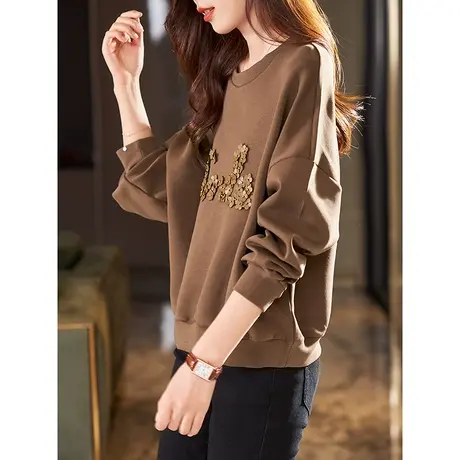 宝诗黎圆领落肩长袖棉质上衣百搭女装2023年秋季新款钉珠宽松卫衣商品大图