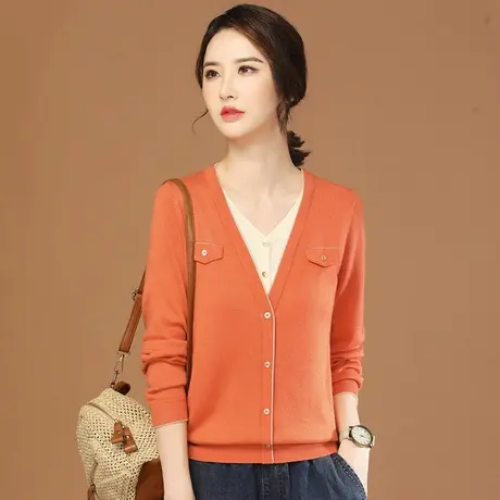 韩潮袭人假两件V领长袖针织衫女2024春装宽松打底衫套头毛衣上衣商品大图