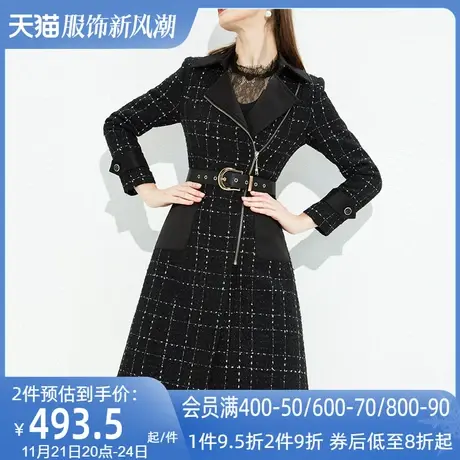 AUI黑色小香风格子西装外套女2024秋冬新款职业气质中长款大衣厚图片