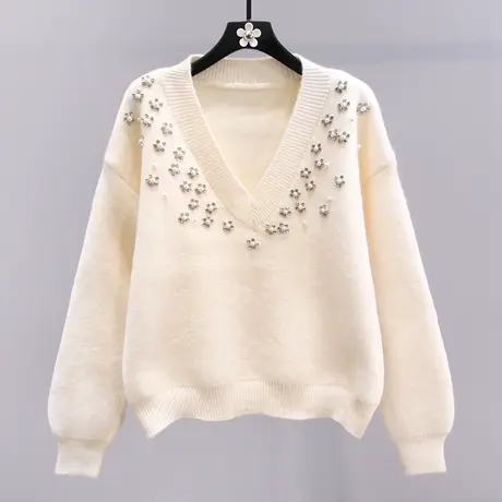 小香风手工钉珠V领毛衣女秋冬2023新款宽松慵懒风洋气针织衫上衣商品大图