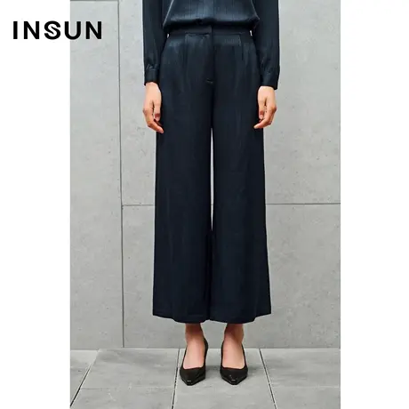 INSUN恩裳线上专选秋季醋酸混纺暗条纹阔腿休闲裤图片