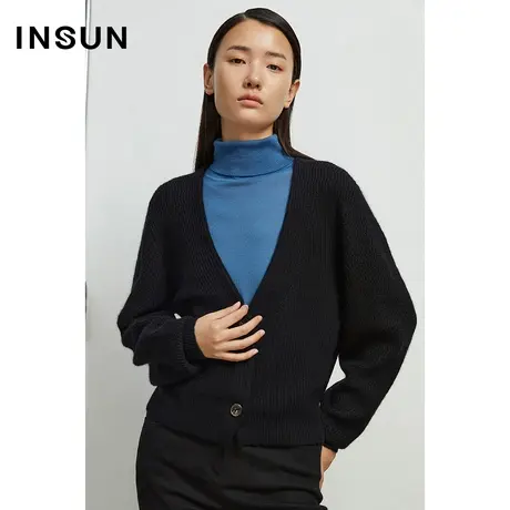 INSUN恩裳奥莱秋季黑色大V领开衫毛针织衫商品大图