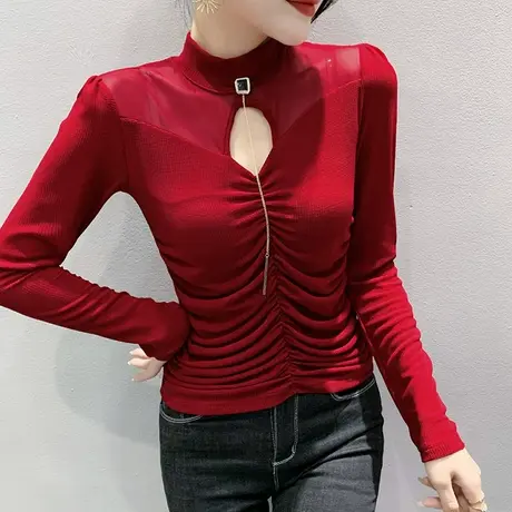 性感镂空网纱T恤女长袖时尚褶皱内搭高腰紧身上衣气质打底衫春秋图片