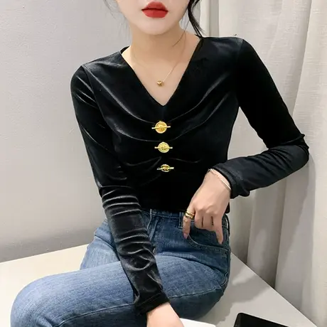 欧货丝绒打底衫女长袖秋冬2024新款性感V领褶皱T恤百搭修身上衣潮商品大图