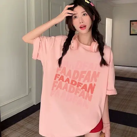 粉色纯棉短袖t恤女中长款洋气印花2023夏季新款欧货大码宽松爆款商品大图