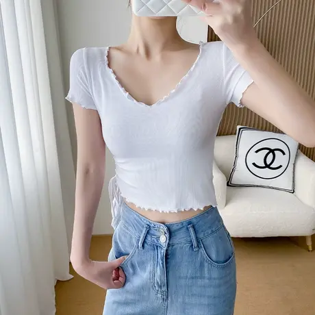 木耳边小v领莫代尔露脐短袖t恤女性感露腰短款上衣百搭气质体恤潮商品大图