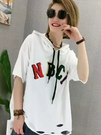 文艺字母印花连帽t恤衫女2023夏季新款韩版休闲宽松百搭短袖上衣商品大图