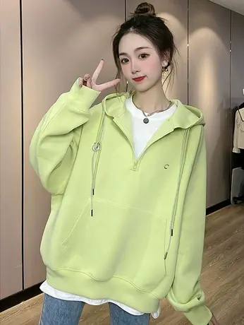 2023年春季新款半拉链连帽卫衣女字母刺绣设计感慵懒风外套上衣潮商品大图