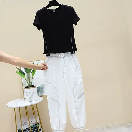 双拉链短款T恤+九分哈伦裤套装字母漏肚脐上衣百搭工装裤两件套潮图片