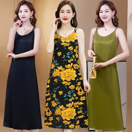 高腰v领吊带连衣裙女夏季大码吊带裙子女露背印花连衣裙a字长裙女商品大图