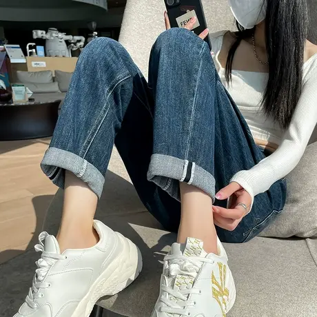 卷边直筒牛仔裤女春秋季宽松休闲高腰修身显瘦小个子九分烟管裤子商品大图