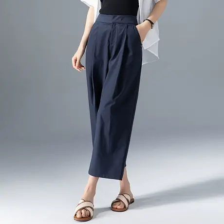 藏青色冰丝阔腿裤女夏季薄款2024新款八分天丝直筒裤夏休闲九分裤商品大图
