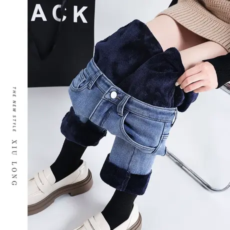 加绒直筒牛仔裤女秋冬2023新款高腰小个子九分显瘦修身窄版烟管裤图片