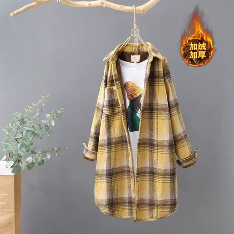秋冬新款韩范加绒加厚格子衬衫女宽松长袖中长款保暖衬衣外套棉衣商品大图