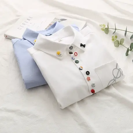 2020春秋新款韩版学院风可爱刺绣li减龄白色衬衫女生长袖打底上衣商品大图