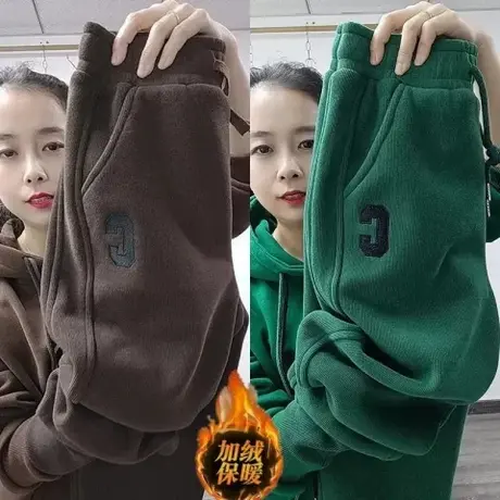 欧货加绒加厚女士休闲卫裤2024秋冬季新款高腰哈伦裤束脚显瘦长裤图片