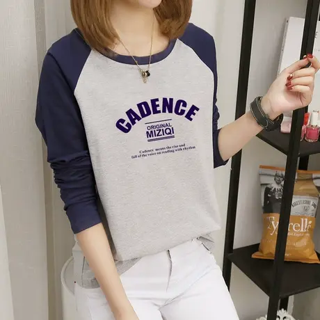 春装2023年新款女打底衫内搭宽松纯棉字母印花百搭插肩长袖t恤女图片