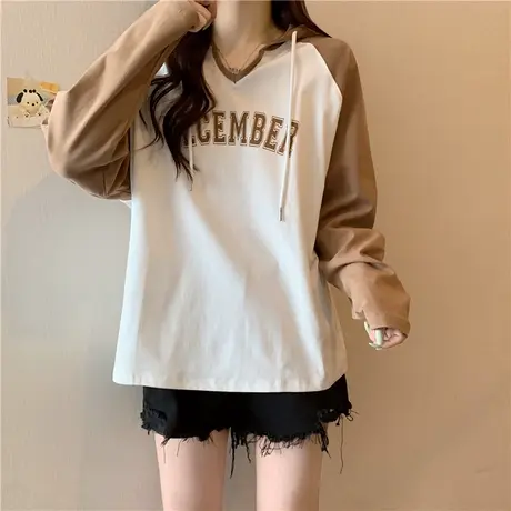 拼接撞色插肩长袖T恤女纯棉春秋装宽松百搭设计感小众连帽上衣潮商品大图