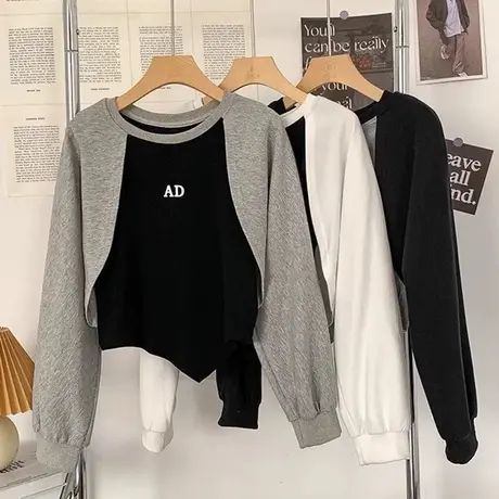 假两件拼接插肩袖卫衣女初秋薄款韩版修身显瘦短款小个子圆领上衣商品大图