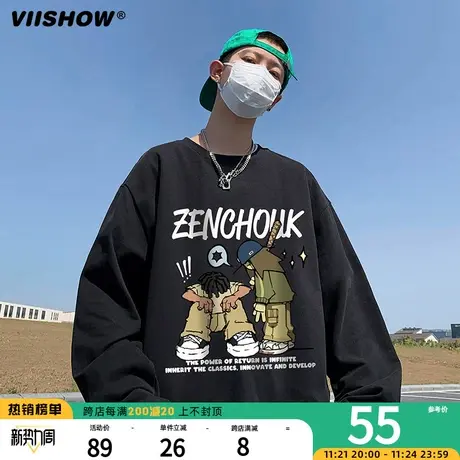 VIISHOW长袖t恤男生春秋季潮牌美式重磅印花上衣宽松打底圆领外套图片