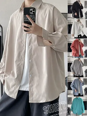 衬衫男士夏季薄款长袖港风冰丝日系宽松休闲寸衣潮流帅气衬衣外套商品大图