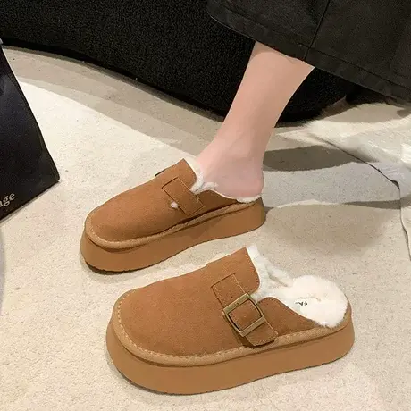 包头半拖鞋女冬季外穿厚底复古加绒勃肯2023新款羊羔毛毛棉拖爆款图片