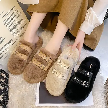 网红毛毛拖鞋女秋冬外穿2024年新款ins潮厚底保暖家居包头半拖鞋商品大图