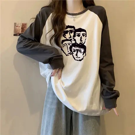 个性趣味德绒长袖T恤女冬季宽松显瘦百搭bf原宿风撞色插肩袖上衣商品大图