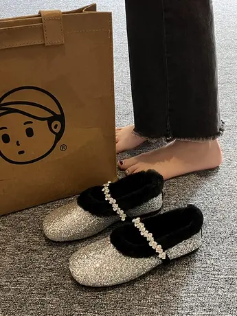 设计感水钻法式毛毛鞋2023年秋冬季新款小香风棉鞋加绒保暖豆豆鞋商品大图