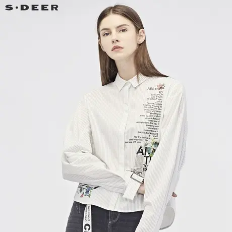 sdeer圣迪奥2019秋条纹翻领字母印花层次下摆长袖衬衫S19180538图片