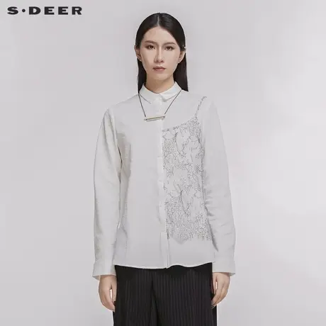 sdeer圣迪奥春秋女装镂空钩花素净方领白色长袖衬衫潮S20180506图片