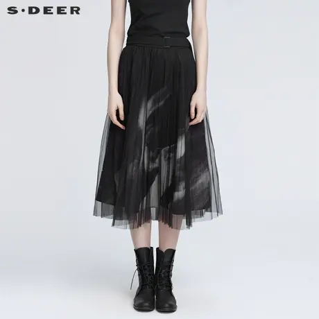sdeer圣迪奥22春新品压褶网纱撞色印花不规则A字长裙女S22181111图片