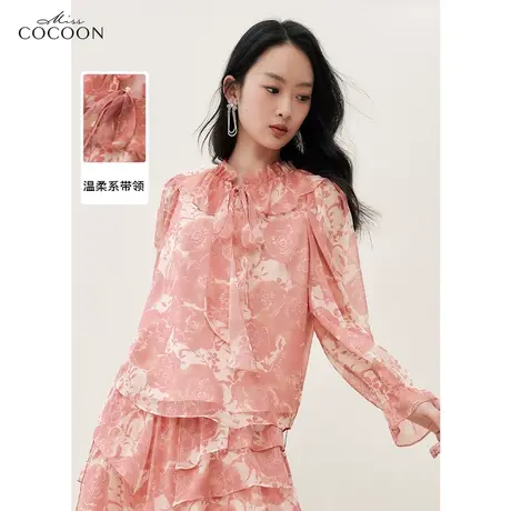 missCOCOON木耳边印花长袖雪纺衫女2023夏装新款时尚百搭气质上衣商品大图