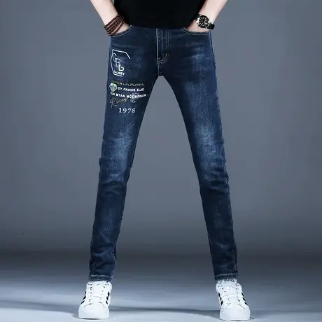 2023新款秋冬款蓝色印花牛仔裤男款小脚裤子潮流男士弹力百搭高端商品大图