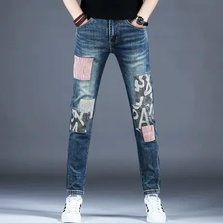 男士加厚破洞补丁拼接牛仔裤男款小脚修身潮流男2023新款裤子四季商品大图