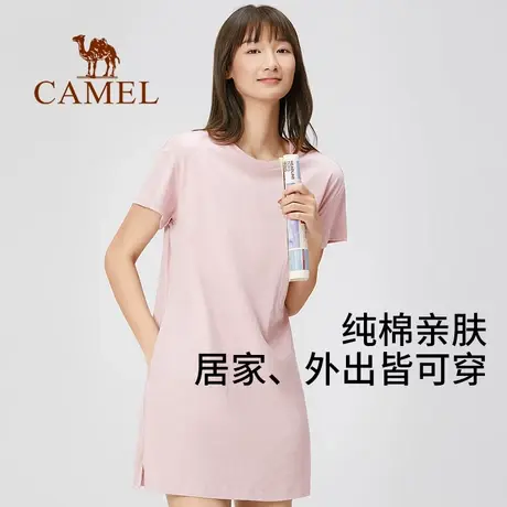 【蜜蜂心愿社】骆驼内衣开叉圆领棉款中长款短袖T恤女字居裙图片