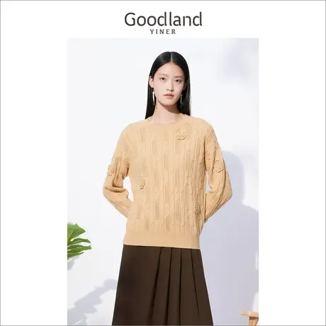 *切Goodland美地女装冬季重工花朵宽松麻花毛衣针织衫商品大图