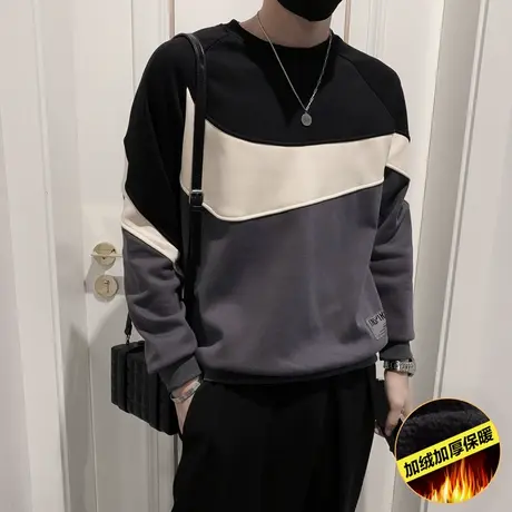 秋冬款男卫衣外套上衣修身拼色潮牌加绒潮流圆领加厚休闲青年外套商品大图