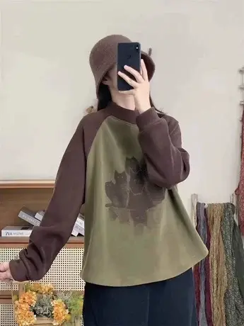 文艺简约通勤风韩版澳绒宽松小猫印花拼接拼色插肩袖立领卫衣上衣图片