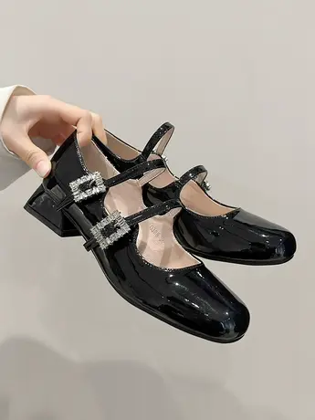 法式玛丽珍单鞋女2024年春季新款黑色小皮鞋方头水钻扣带粗跟婚鞋商品大图