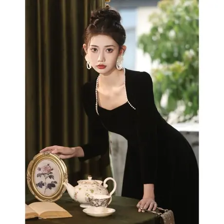 黑色丝绒晚礼服女高级感宴会高端轻奢小众法式冬季长袖大气上档次商品大图