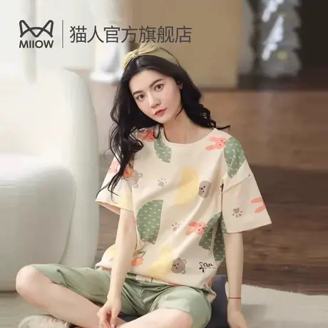 猫人睡衣女夏款纯棉短袖夏季2024年新款女生家居服套装夏天七分裤图片