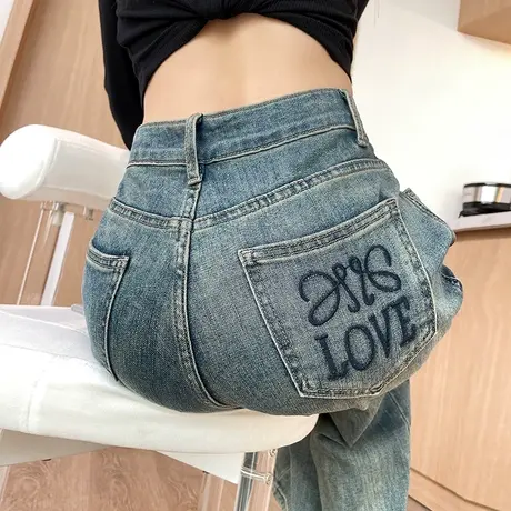 窄版水洗刺绣直筒阔腿牛仔裤女2024春秋季新款高腰宽松显瘦拖地裤图片