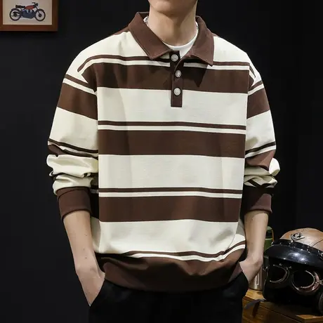 条纹POLO卫衣男春秋款2024新款长袖男士美式潮牌衣服宽松大码高端图片
