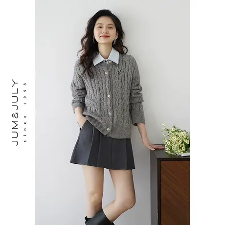 嘉茱莉2024新款针织开衫毛衣外套女圆领宽松针织麻花上衣设计感图片