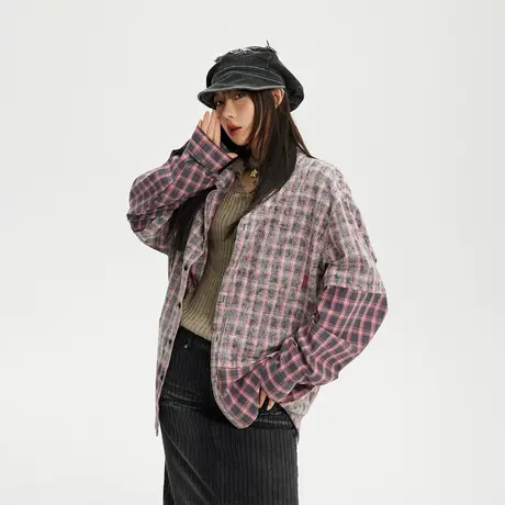 潮牌复古拼接格子衬衫女春季2024新款设计感衬衣宽松情侣小众上衣图片