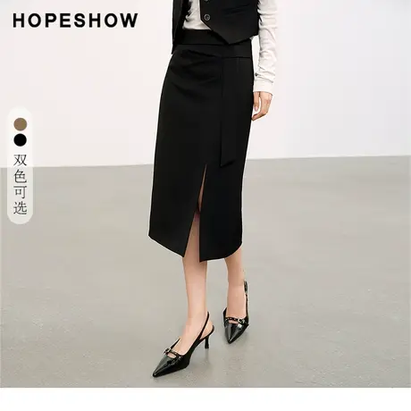 红袖H型前开叉直筒显瘦百搭黑色半身裙hopeshow2024春季新款通勤图片