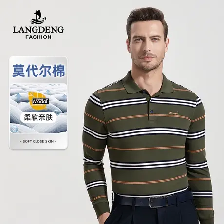 浪登男士长袖T恤2023秋冬新款撞色条纹上衣百搭翻领POLO衫男中年商品大图