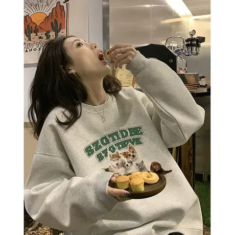 小狗印花圆领卫衣女小个子宽松慵懒风秋冬加绒加厚oversize上衣潮商品大图